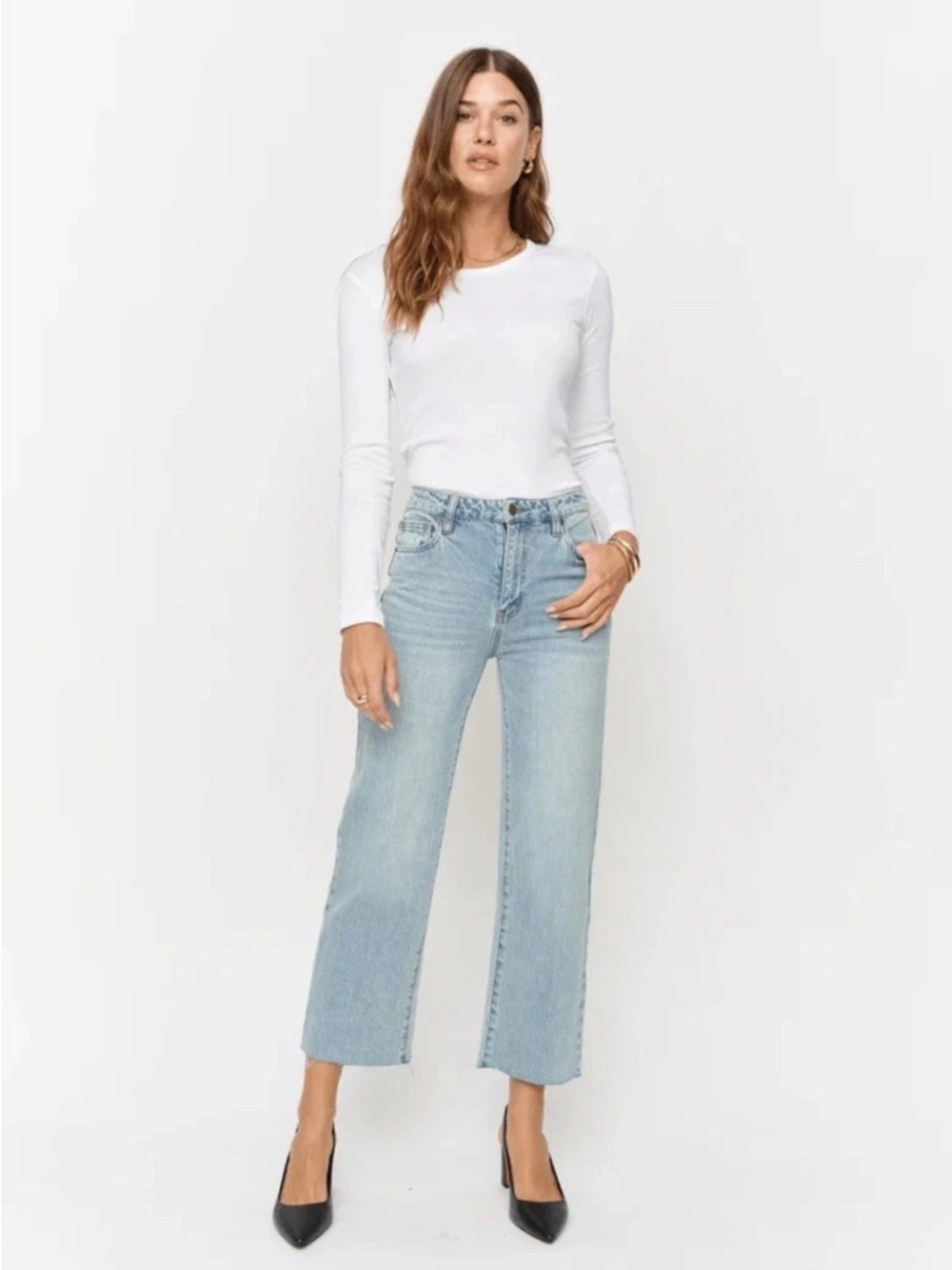 Oliver Logan Aberdeen Wide Leg Crop Jeans Womens Size 30 Blue High Rise Raw Hem - Picture 5 of 14